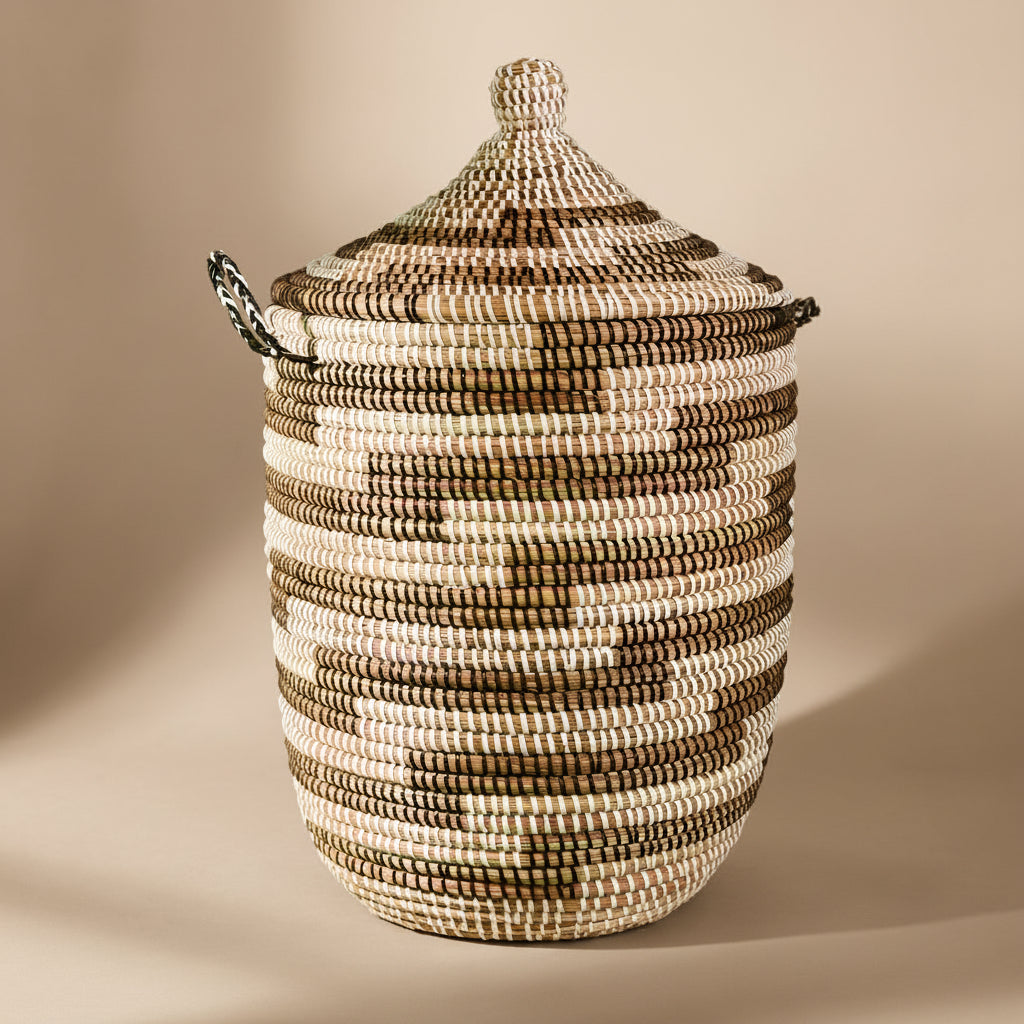 Woven basket with a lid on a green background