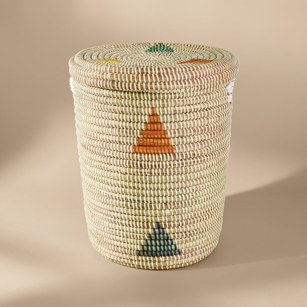 Woven basket with decorative elements on a green background
