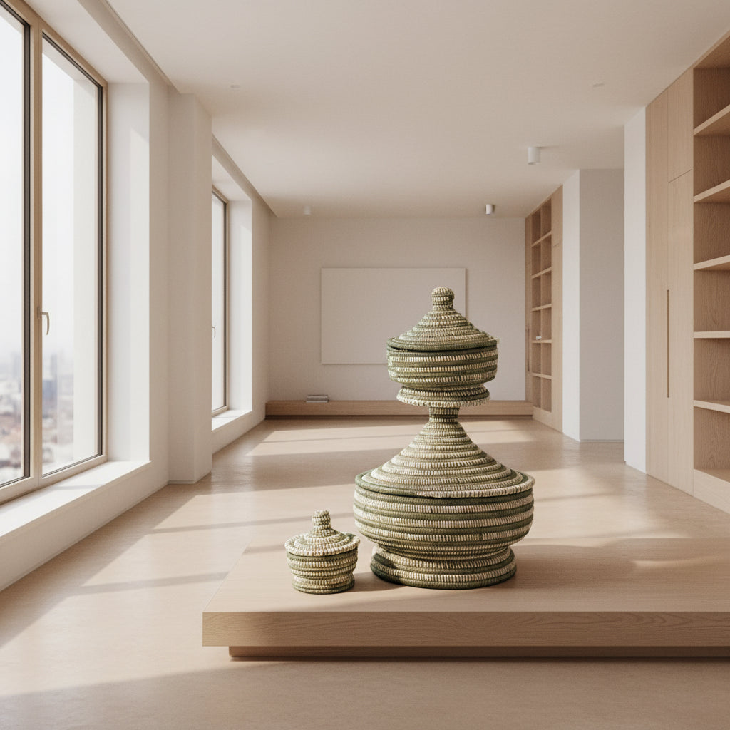 Decorative woven urns on a green background